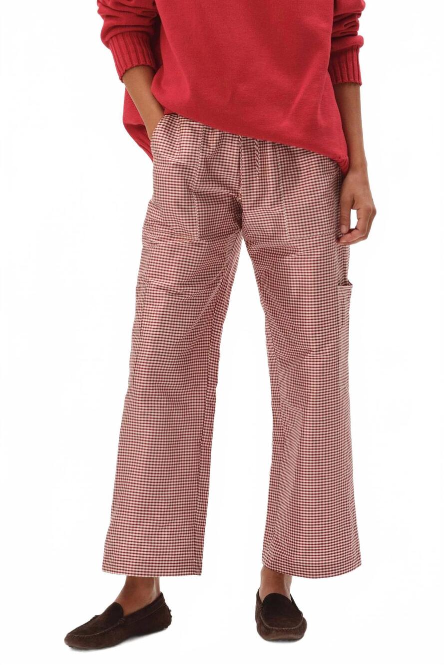 NEW DONNI. silk wide-leg pants in bell pepper gingham